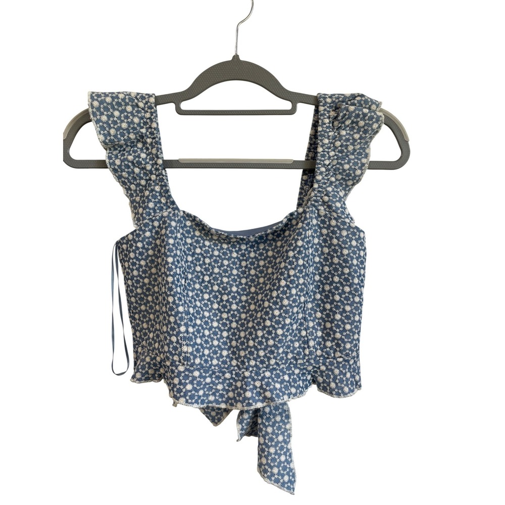 Kirious Womens Small Blue White Floral Embroidered Crop Top Back Tie Coquette